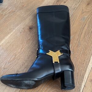 Yves Saint Laurent Black Over the Knee Boots with Gold Accent